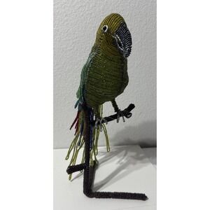 Hand Crafted South Africa Seed Beaded Wired 13" Parrot Bird On Perch Shelf Decor
